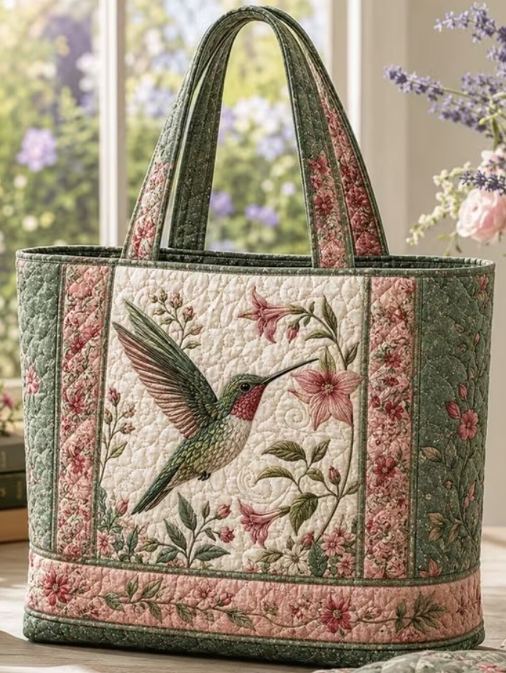 Hummingbird Quilted Tote Bag in Green and Pink